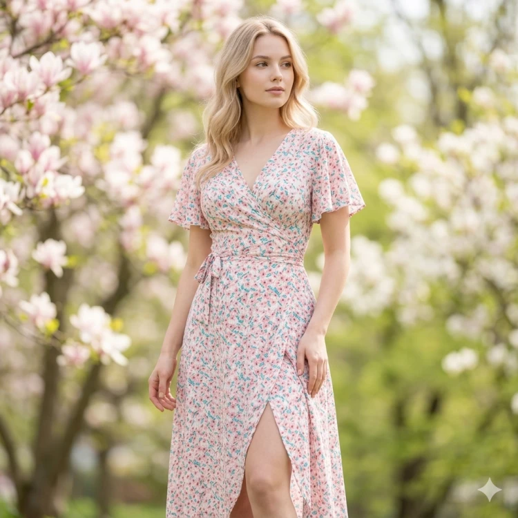 Sukienka kopertowa w kwiaty midi wiosenna wiązana pudrowy róż turkus S 36