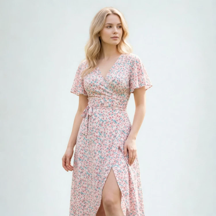 Sukienka kopertowa w kwiaty midi wiosenna wiązana pudrowy róż turkus S 36