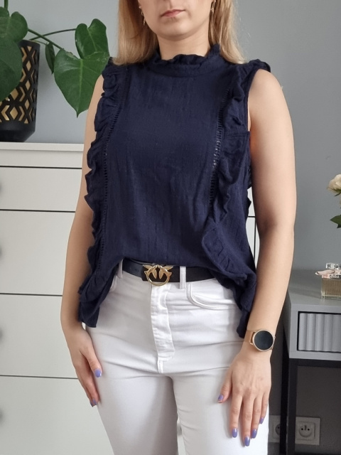 Navy blue cotton blouse, ruffle PIECES size XS