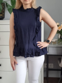 Navy blue cotton blouse, ruffle PIECES size XS