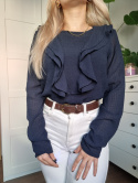 Elegant navy blue blouse with a frill on the bust