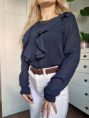 Elegant navy blue blouse with a frill on the bust