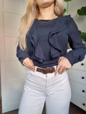 Elegant navy blue blouse with a frill on the bust