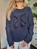 Elegant navy blue blouse with a frill on the bust