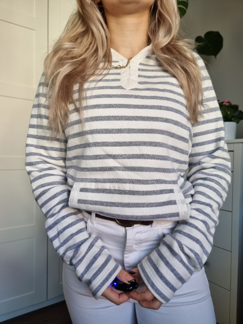 Cotton Hoodie – Striped White and Blue Kangaroo Sweatshirt