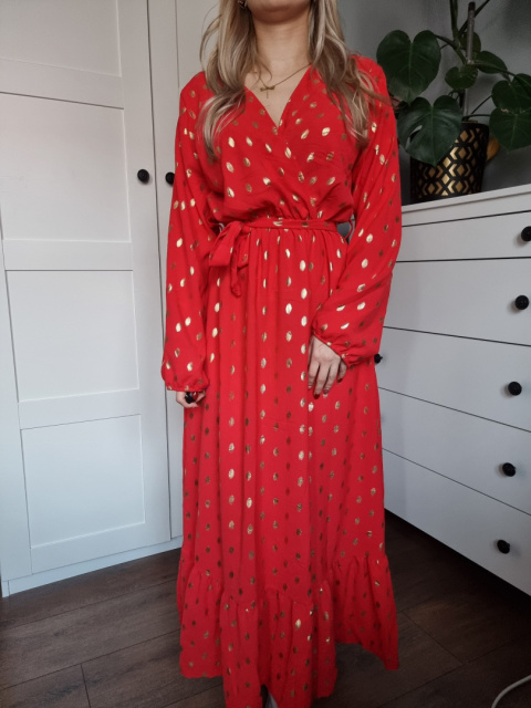 Red wrap maxi dress with long sleeves, size M/L