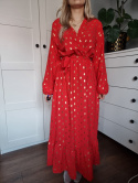 Red wrap maxi dress with long sleeves, size M/L