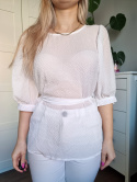 White airy blouse with puffs and a tie at the waist