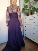 Purple ball gown with lace and slit