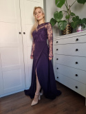 Purple ball gown with lace and slit