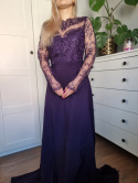 Purple ball gown with lace and slit