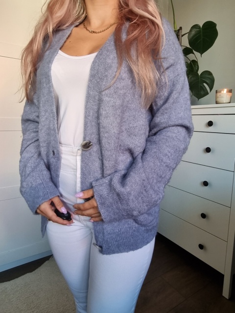 Baby blue kardigan z alpaki i wełny L – ciepły, miękki, oversize sweter chunky knit