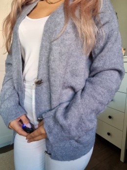 Baby blue kardigan z alpaki i wełny L – ciepły, miękki, oversize sweter chunky knit