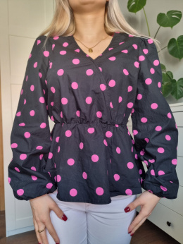 Krásná košile s poutkem, černá růžová s puntíky, nabírky, r. S