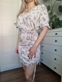 Feminine dress, cream with small light blue flowers, puff sleeves, waist tie, viscose, size S