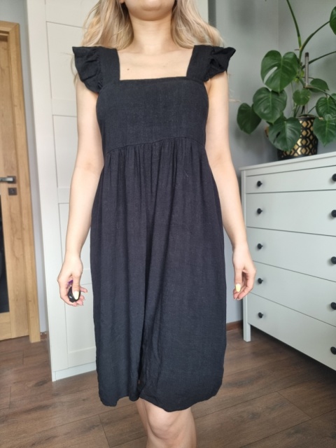 Czarna letnia sukienka, wiskoza i len, Selected Femme, r. S Czarna letnia sukienka, wiskoza i len, Selected Femme, r. S