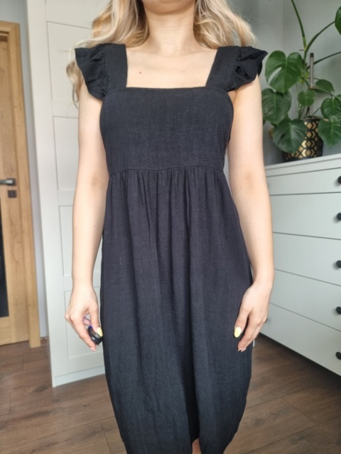 Czarna letnia sukienka, wiskoza i len, Selected Femme, r. S Czarna letnia sukienka, wiskoza i len, Selected Femme, r. S